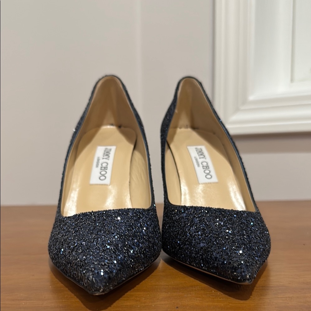 Jimmy Choo AGNES 8cm Navy Heels with Glitter Finish - Picture 3 of 4
